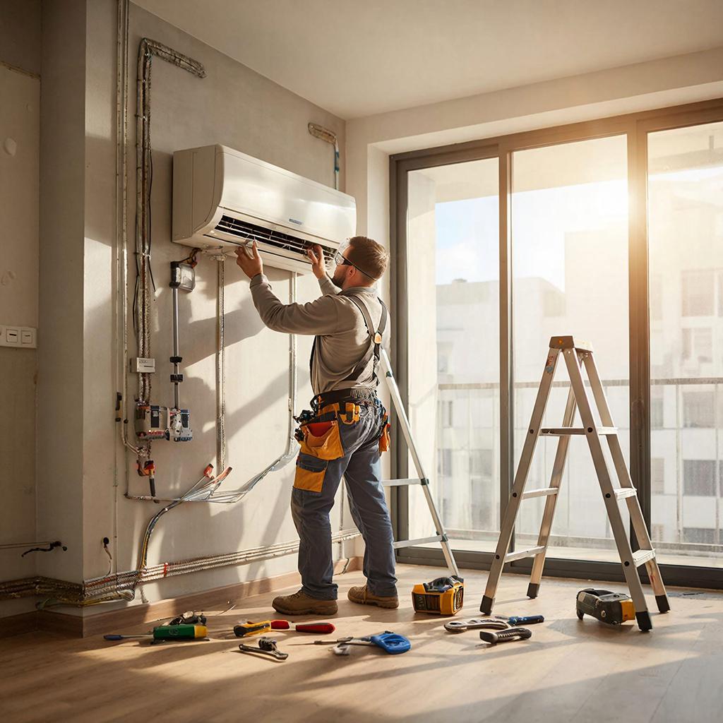 Technician installing an air conditioning system in a bright, spacious room.