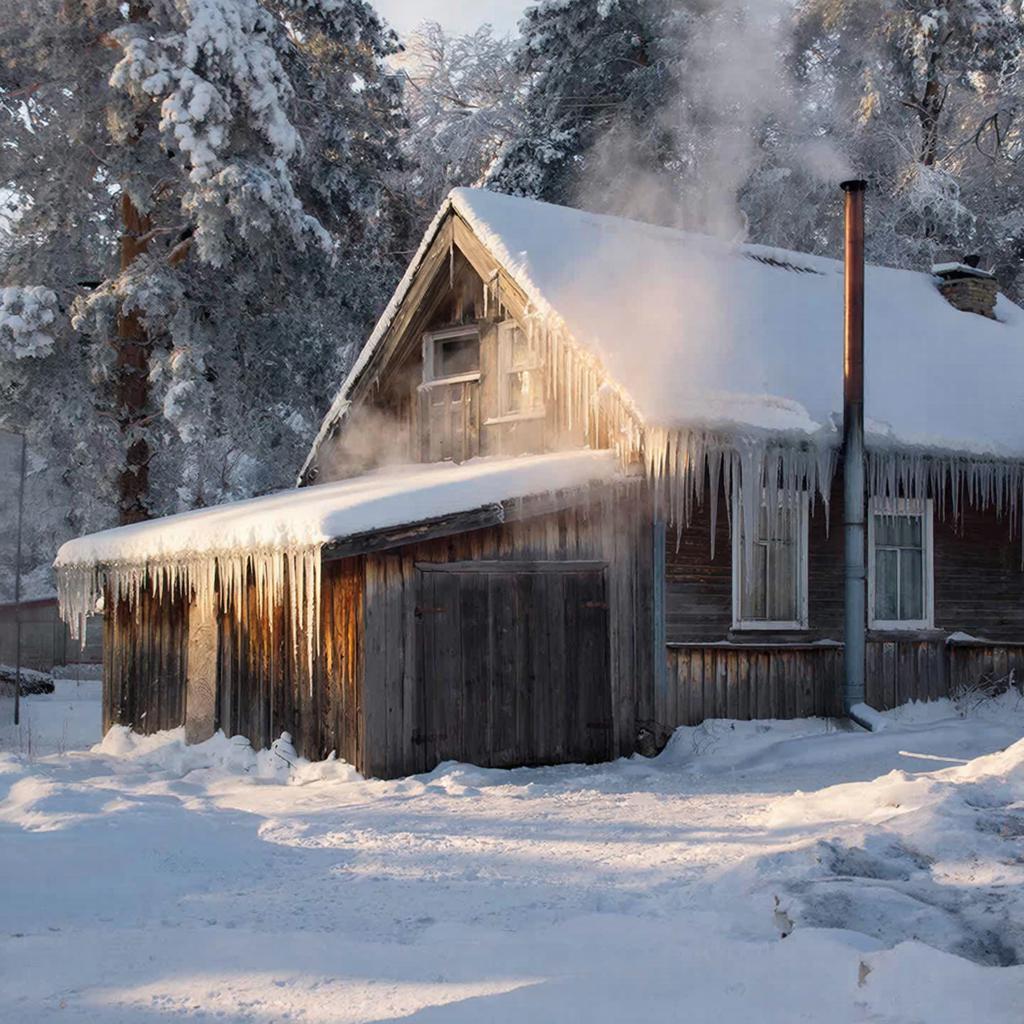 Теплотрассы от уютного дома к гаражу на снежном ландшафте.